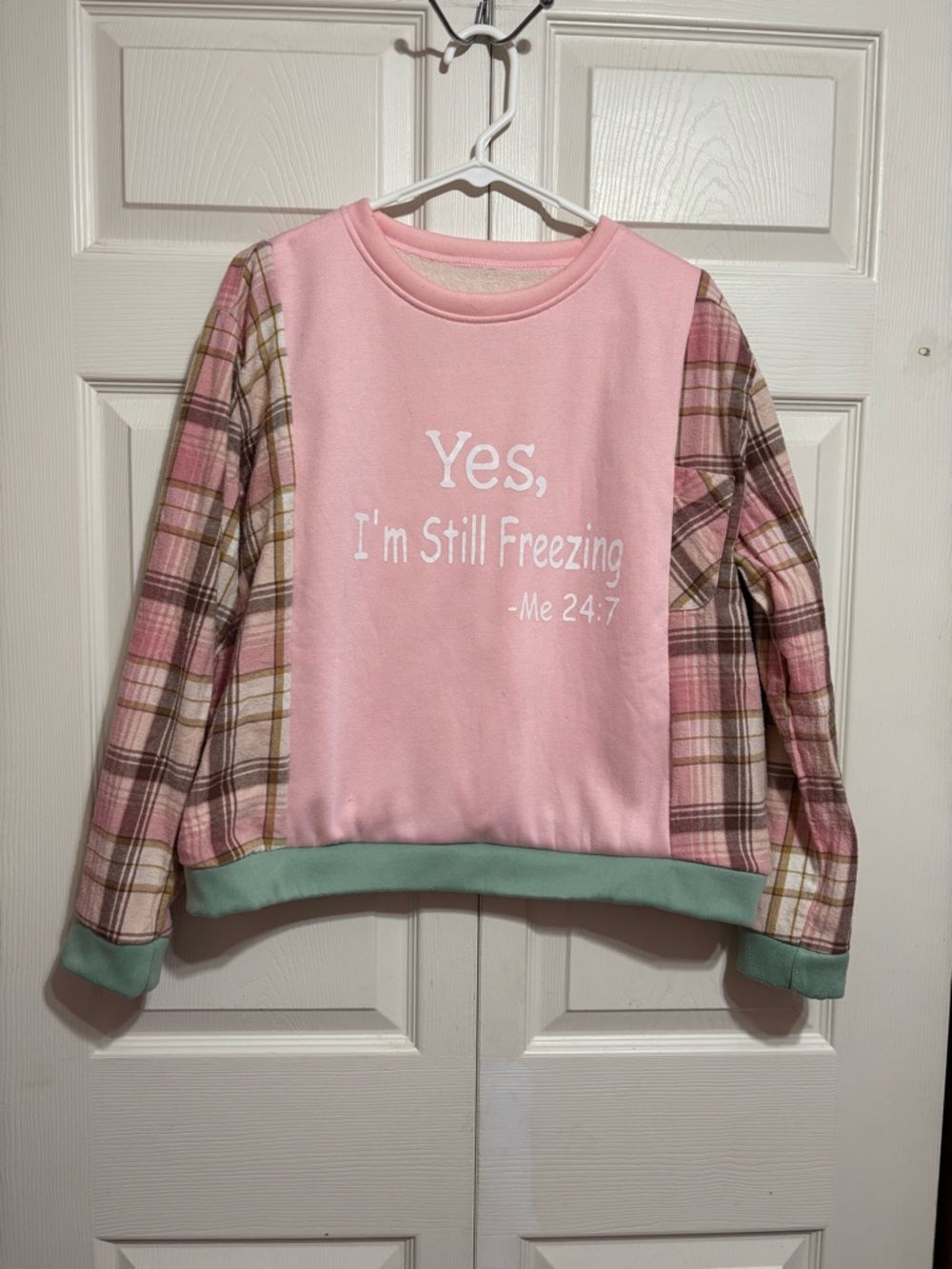 Upcycled Sweatshirt with Plaid Flannel Sleeves